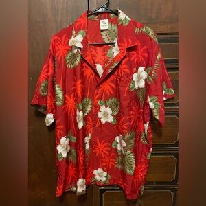 Rima Mens Hawaiian Shirt Tiki Hibiscus Flower Island Resort Palm Leaf Red XL